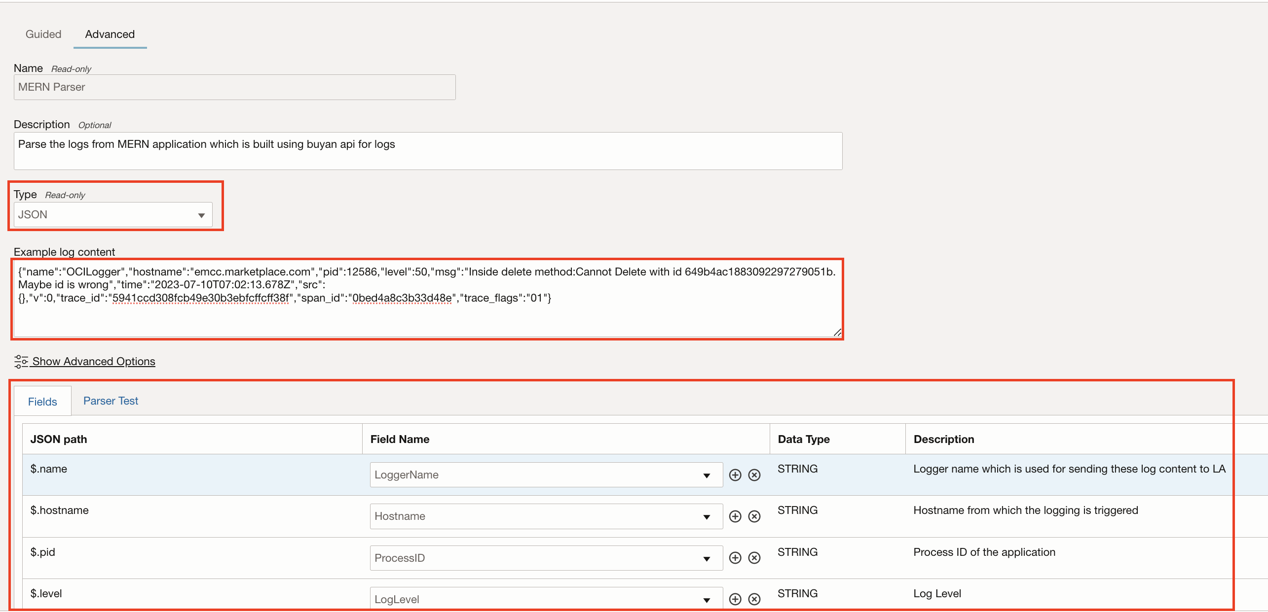 Image of a log parser configuration in OCI.