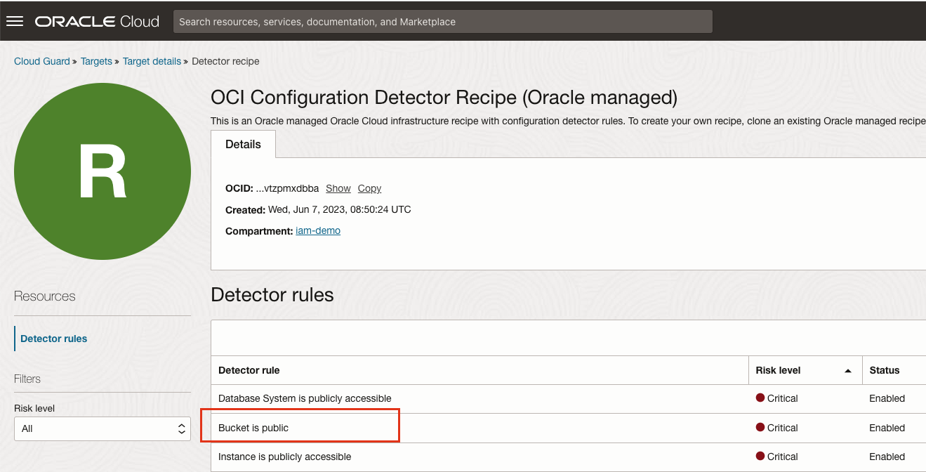 Image of the Cloud Guard Bucket is public detector rule