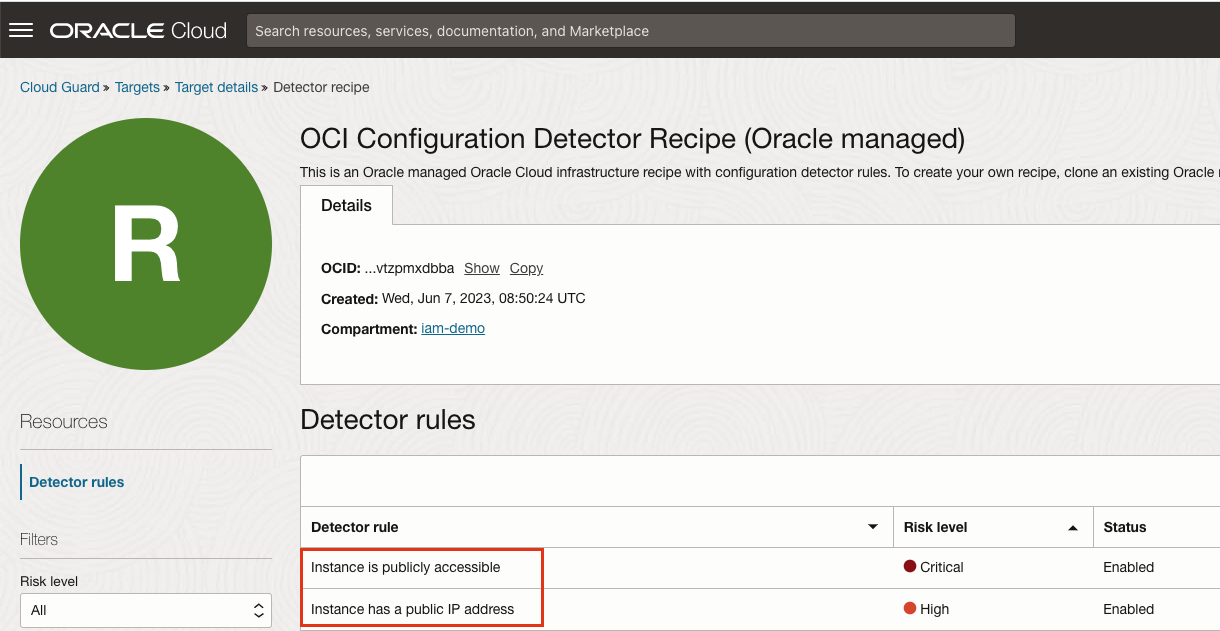 Image of the Cloud Guard Instance has a public IP address detector rule