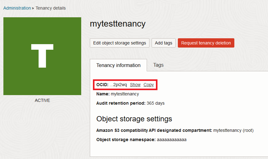 Image of the tenancy overview screen, with the OCID item highlighted