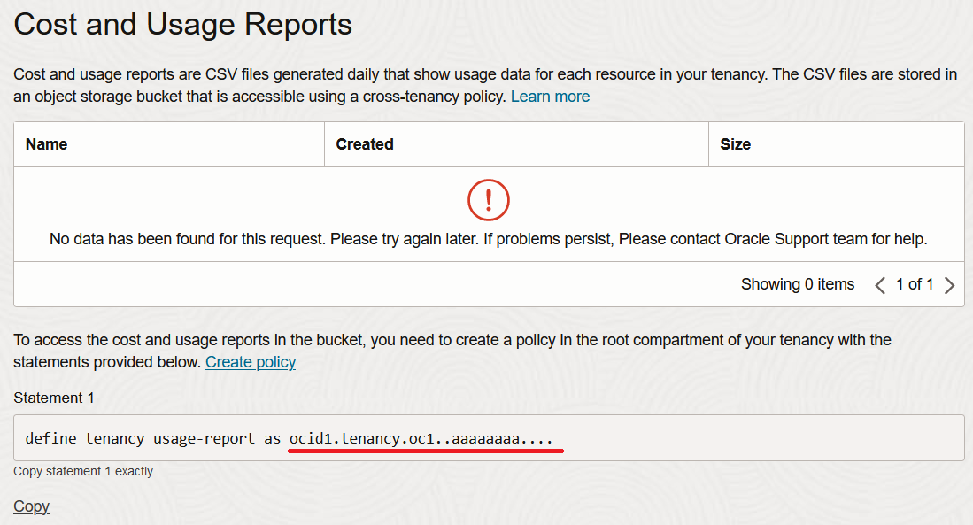 Image of an unauthorized Usage Reports page, showing the required tenancy id.