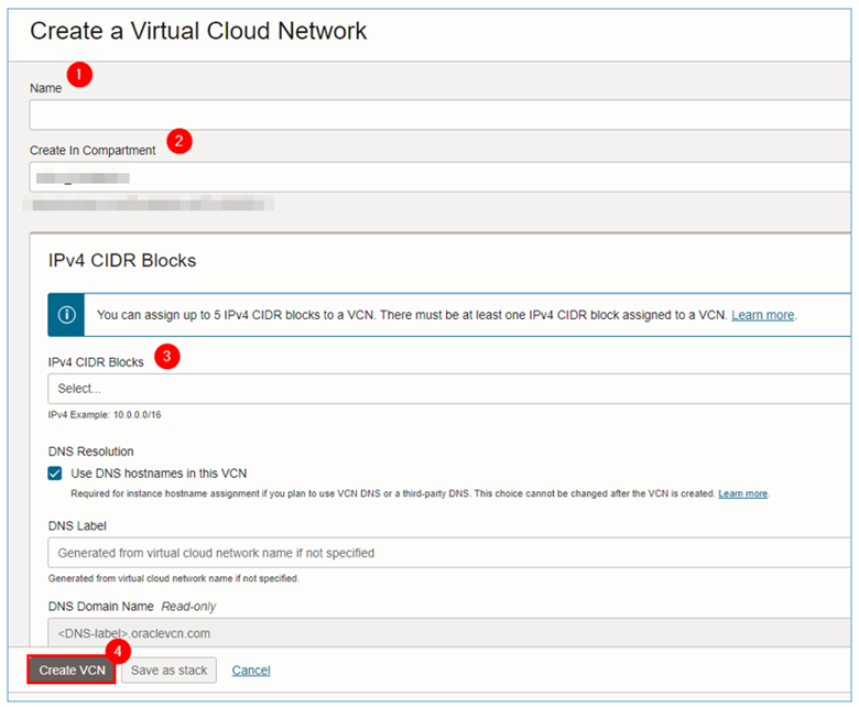 Fill required information for VCN setup and click Create VCN button