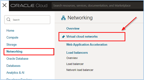 Access the Virtual Cloud Networks service page