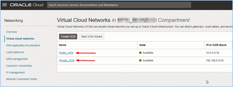Creation of private and public subnets - Click on the VCN name