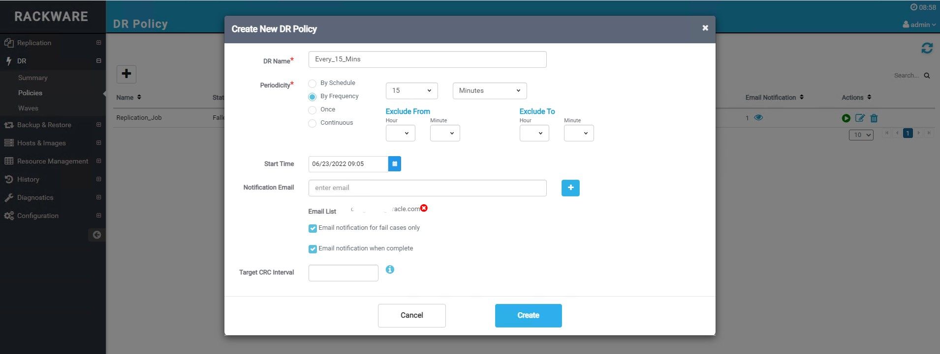 Disaster Recovery Policy settings