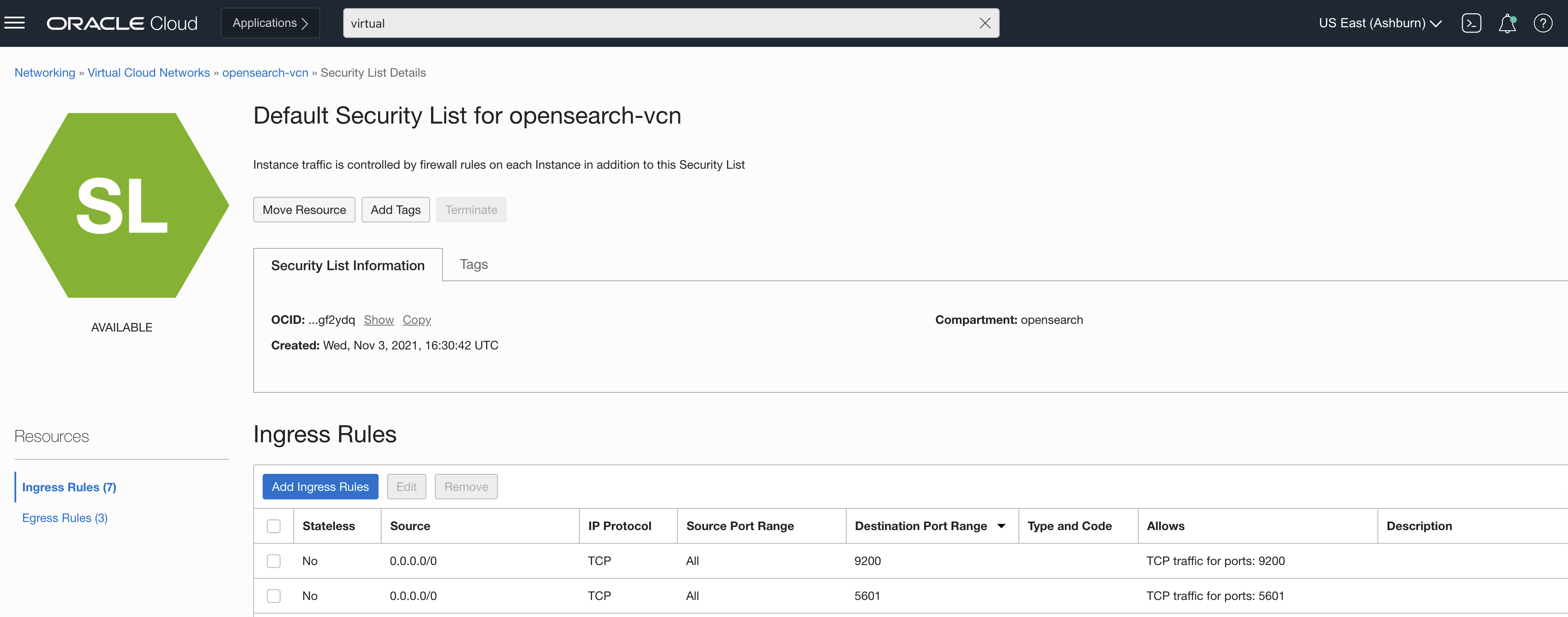 Default Security List for opensearch-vcn - table view