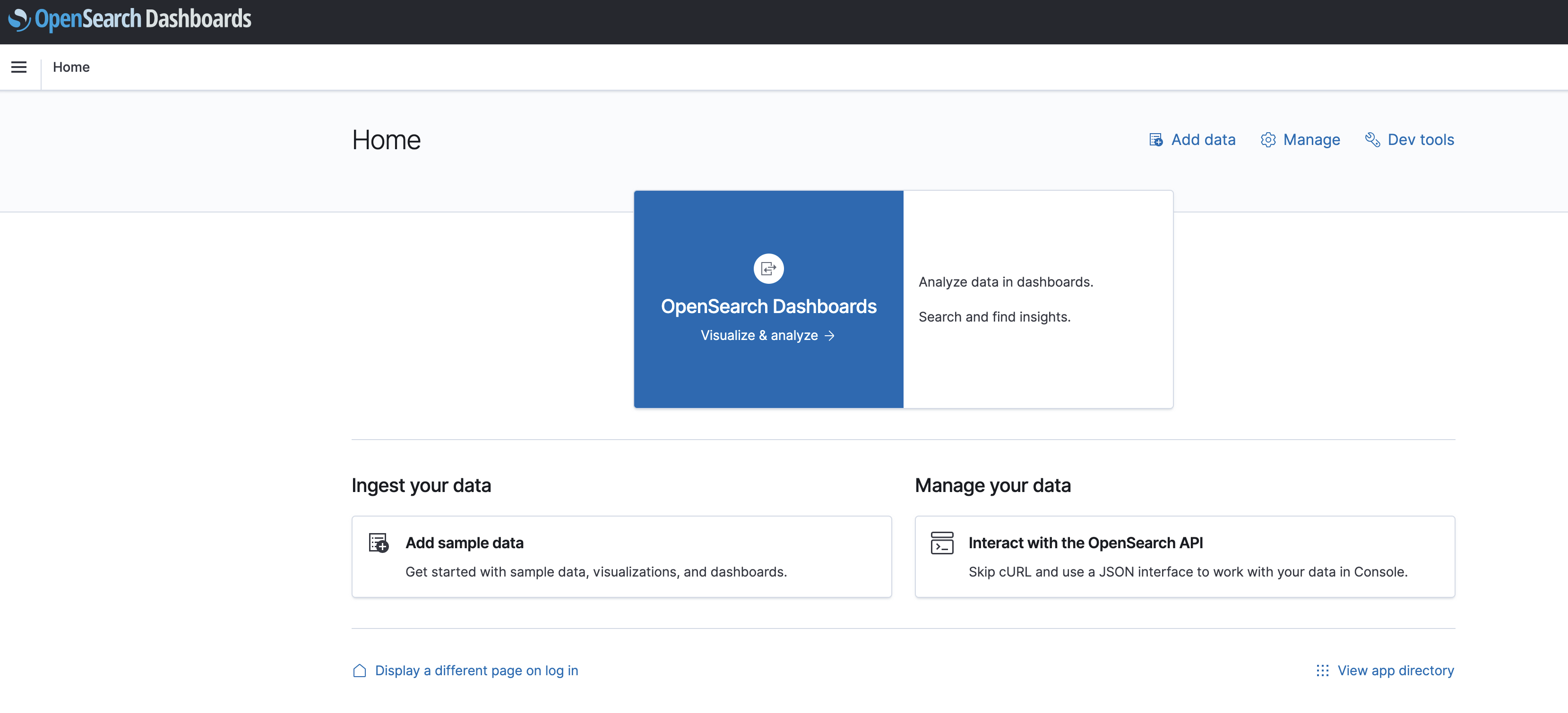 OpenSearch Dashboards landing page