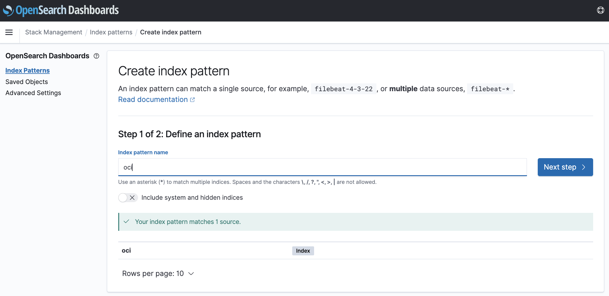 OpenSearch Dashboards - Create index pattern