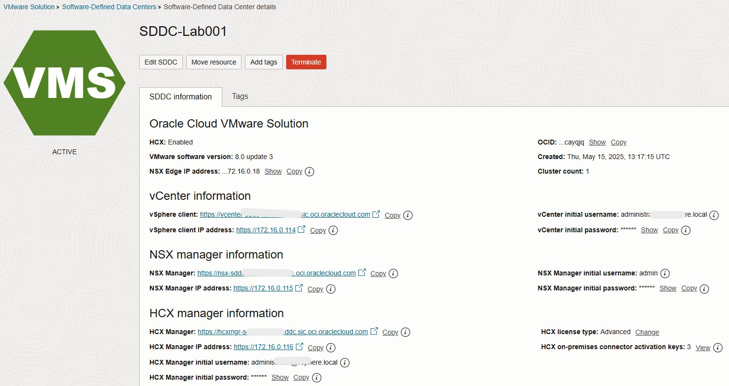 Oracle Cloud VMware Solution Summary Page