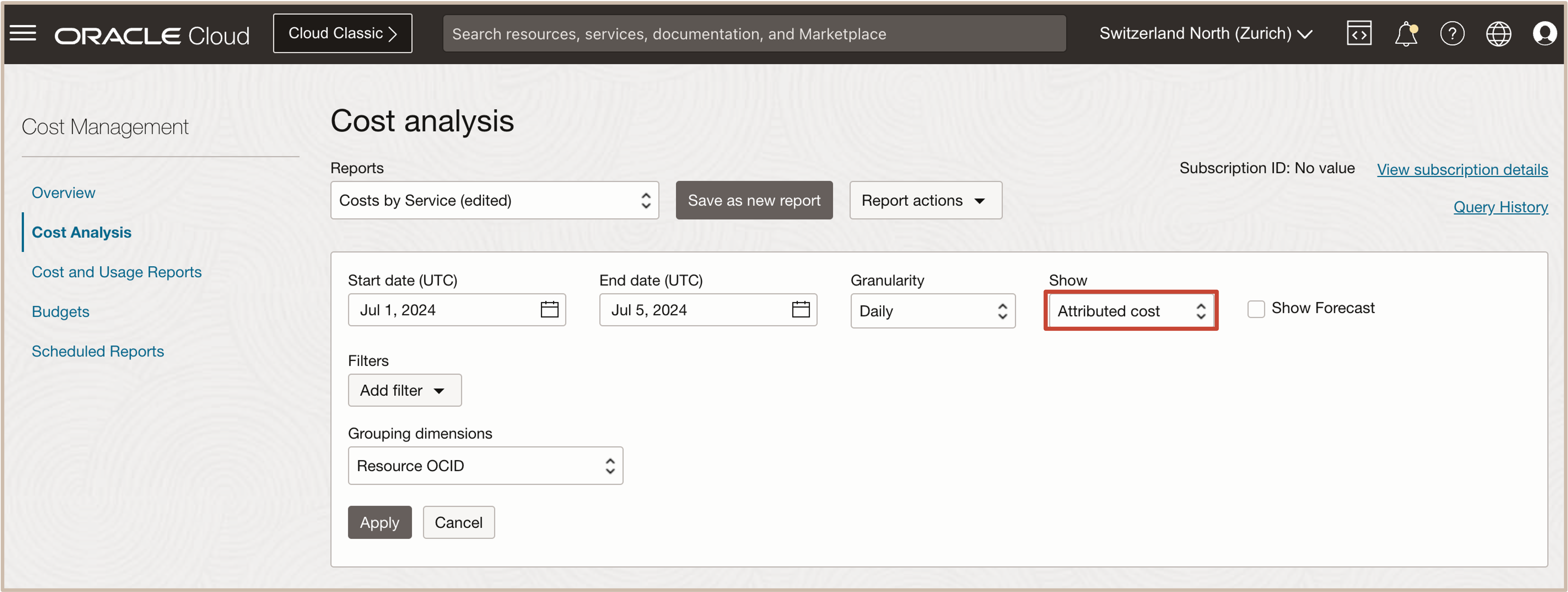 Image showing selecting Attributed cost