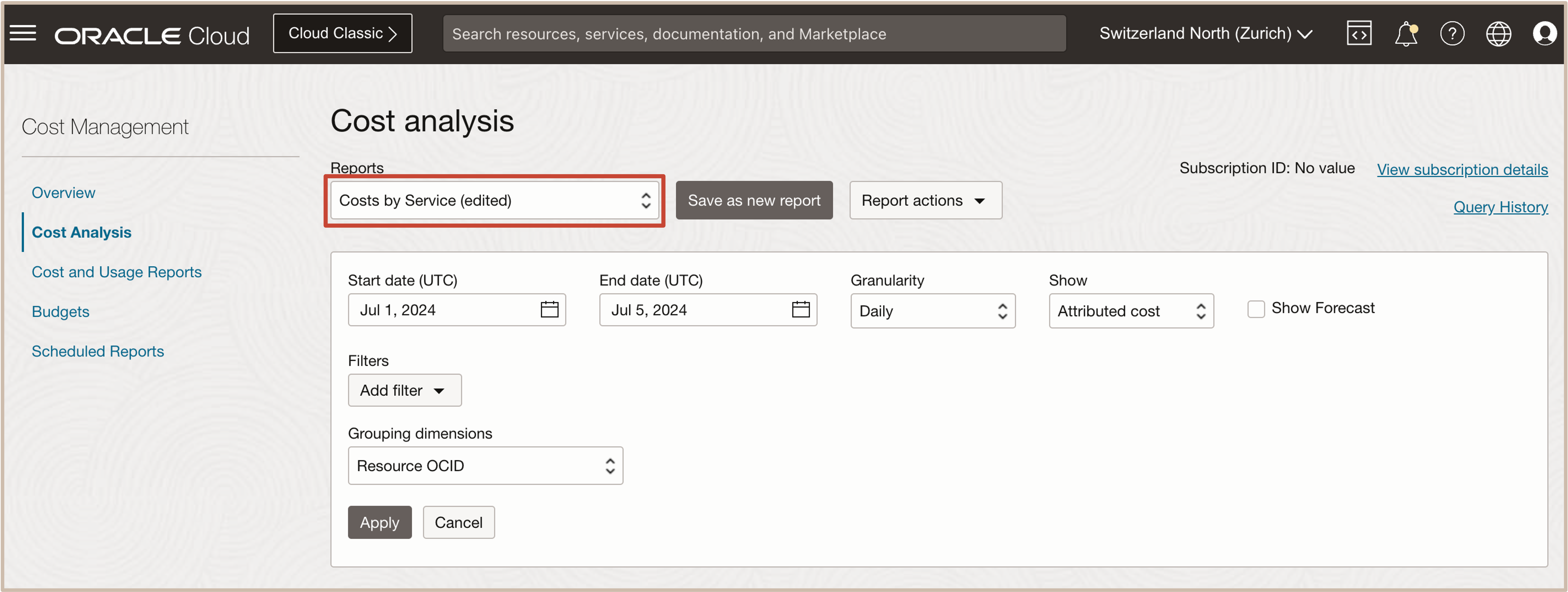 Image showing costs by service type of report selection