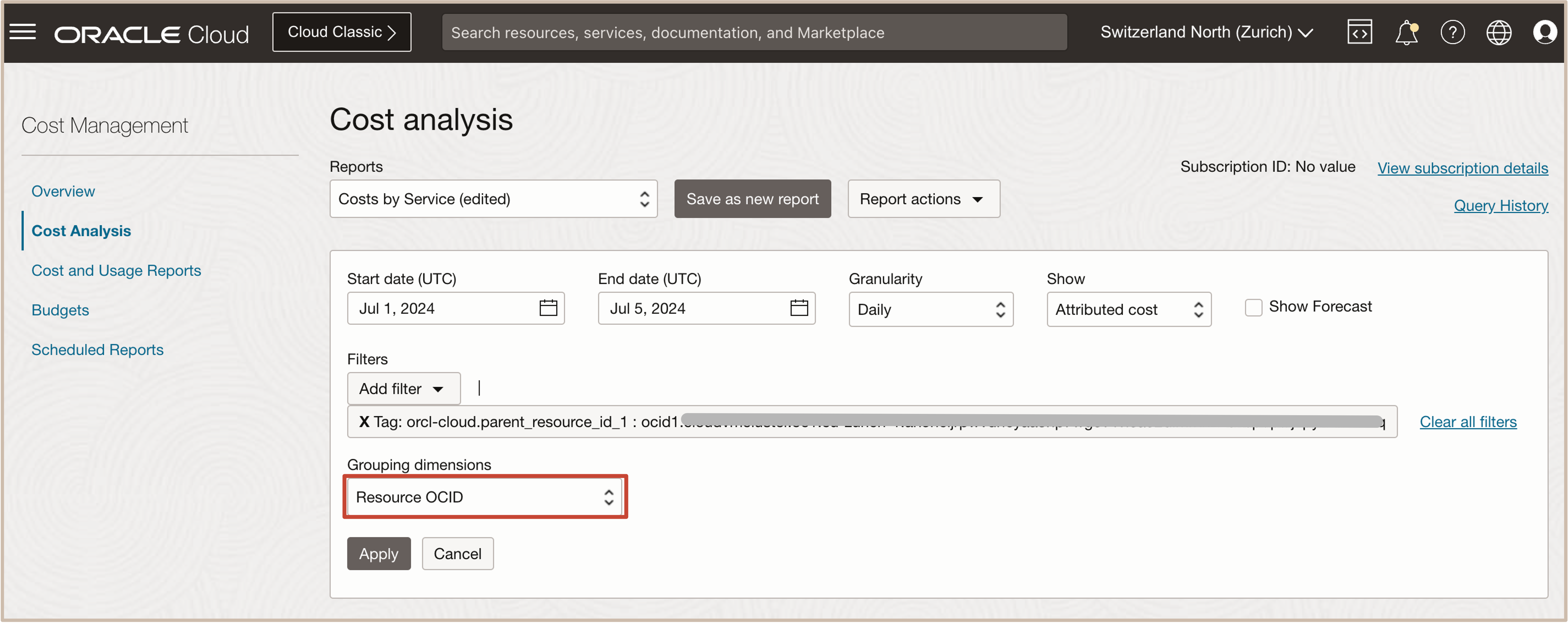 Image showing selecting resource ocid for grouping dimensions