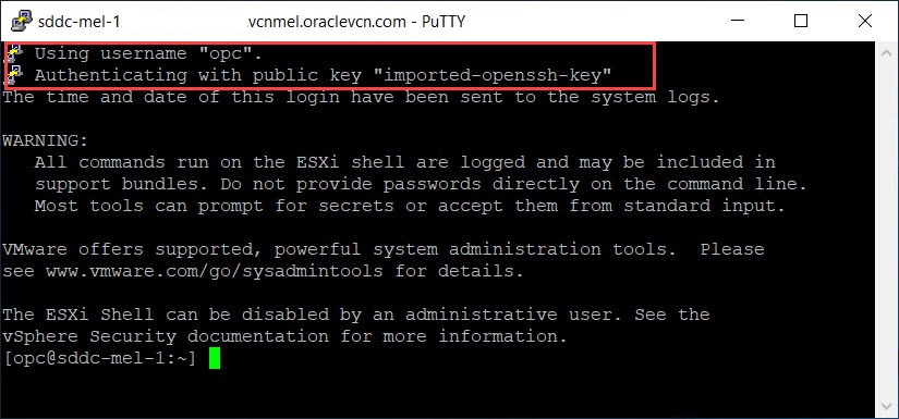 Validate SSH into the ESXi host using the new SSH key pair