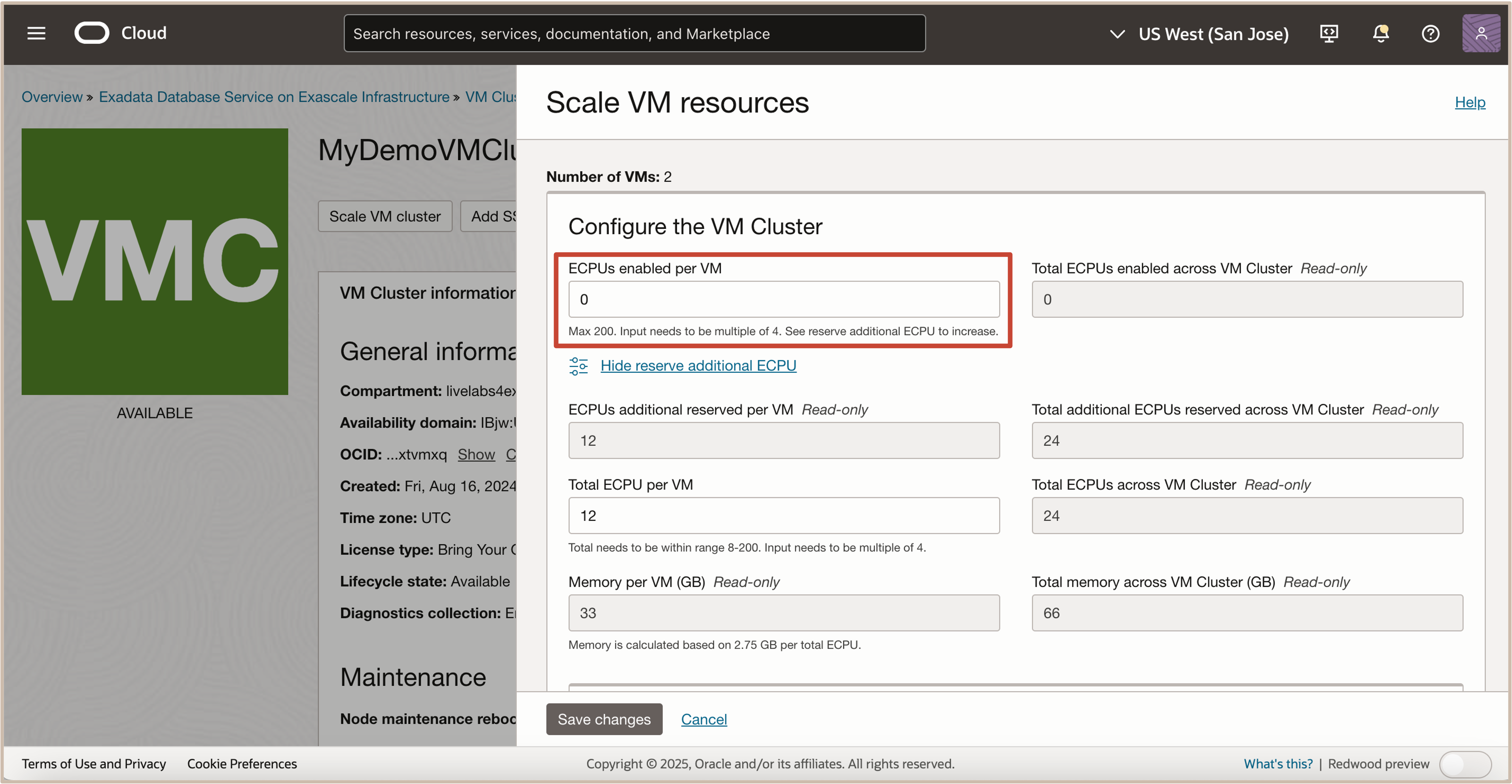 Image showing virtual machine Enabled ECPUs configuration options