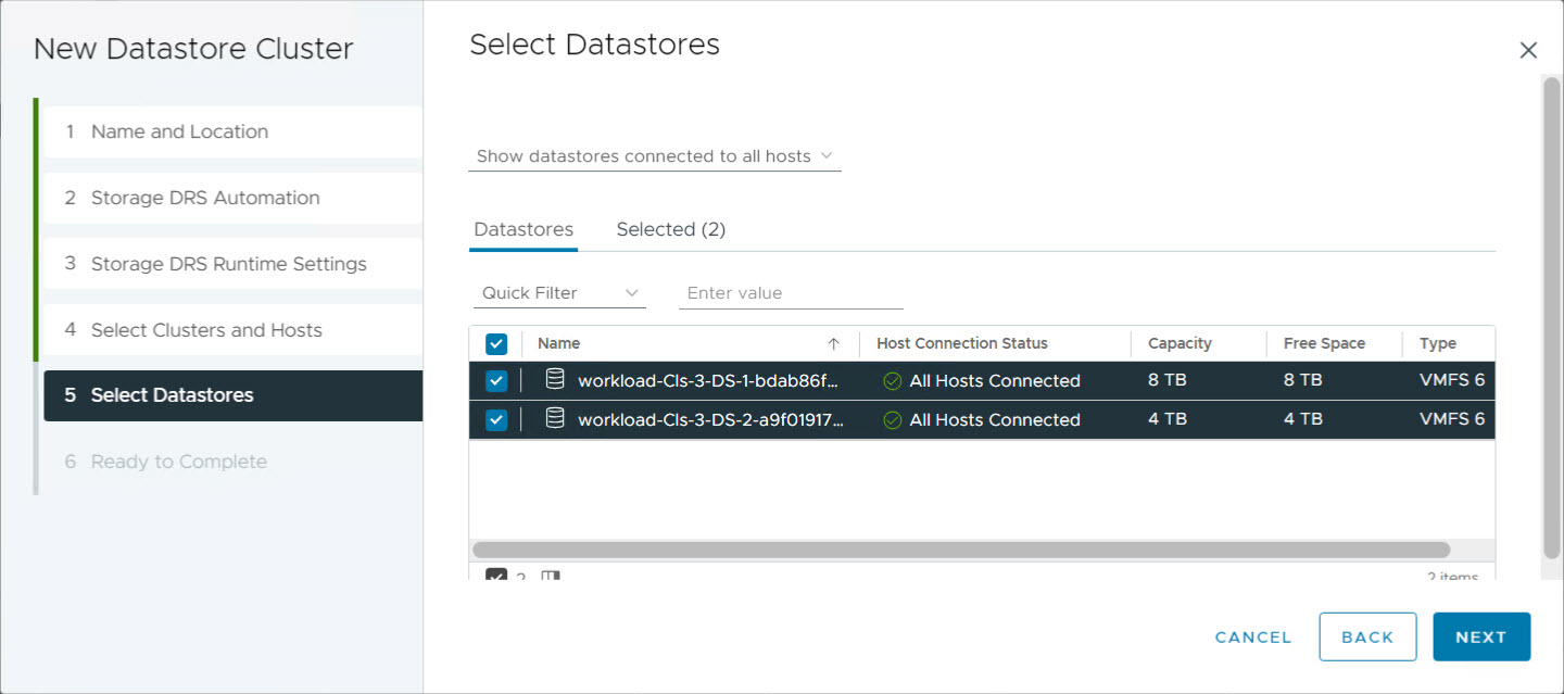 Create New Datastore Cluster - Select Datastores