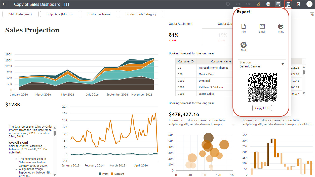 Export menu offers social channels