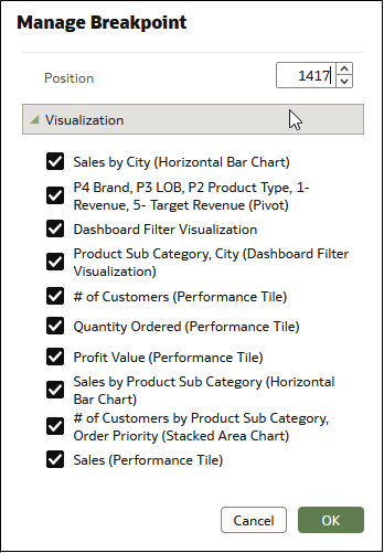 Use the Manage Breakpoint dialog to exclude or include visualizations and dashboard filters from the canvas for this breakpoint.