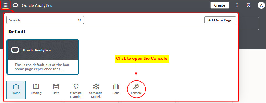 Description of oac-console-nav.jpg follows