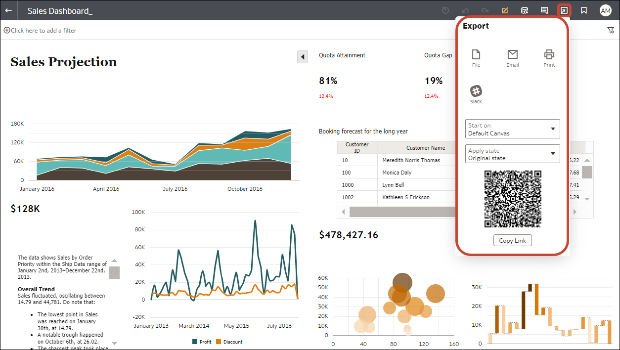 Export menu offers social channels