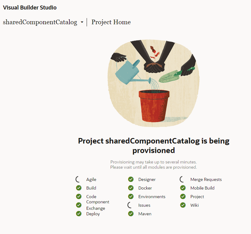 Image shows the Shared Component Catalog home page hosted by the Oracle Visual Builder Studio.