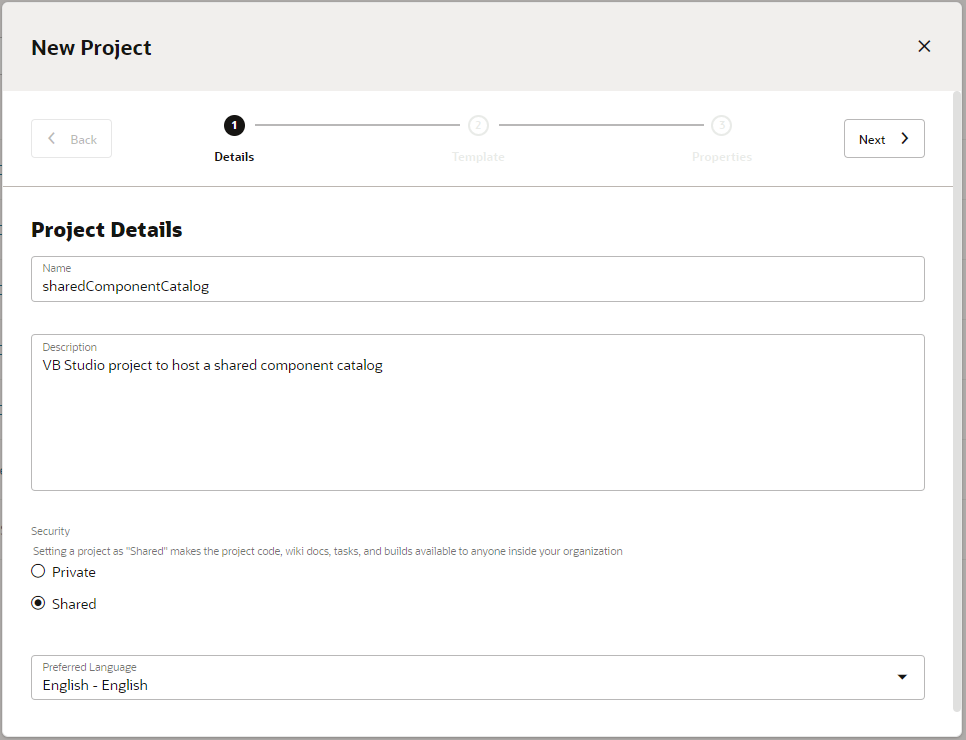 Image shows the New Project page of the Oracle Visual Builder Studio.
