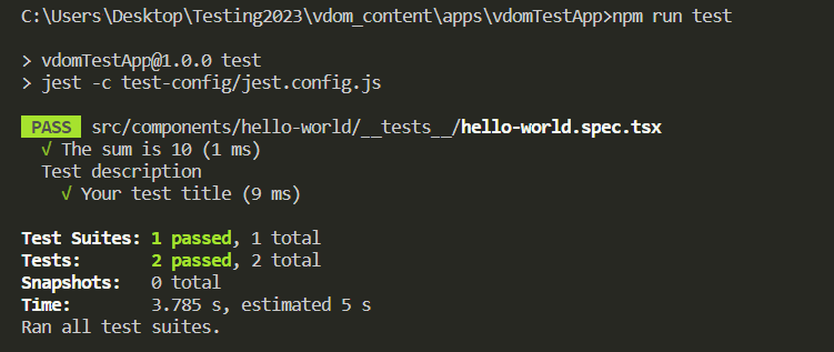 The results of running the tests on the HelloWorld component