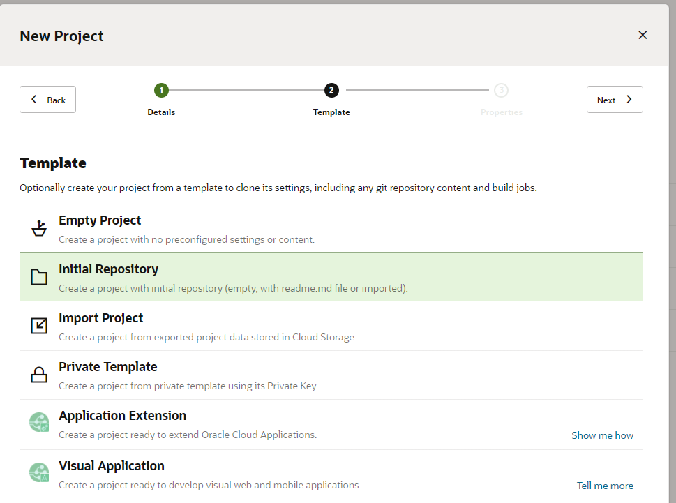Image shows the New Project Templates page of the Oracle Visual Builder Studio.