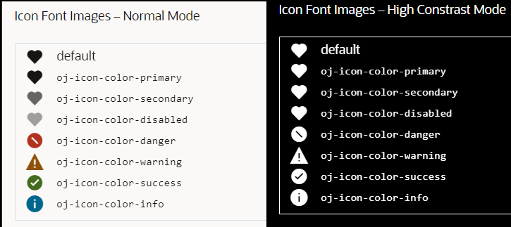 Here is the alt text for the image:
**Alt text:** A side-by-side comparison of icon font images in Normal Mode (left) and High Contrast Mode (right), showcasing various icon styles and color variations for accessibility. Here is the alt text for the image:
**Alt text:** A side-by-side comparison of icon font images in Normal Mode (left) and High Contrast Mode (right), showcasing various icon styles and color variations for accessibility.