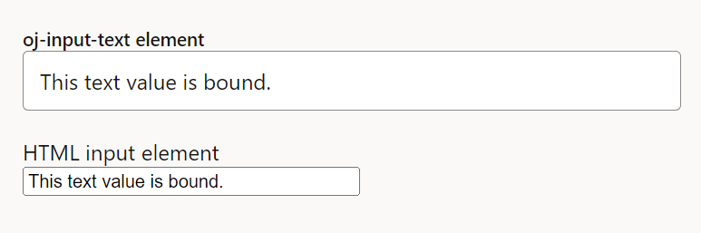 A comparison of two text input elements, showing the difference between an OJ input text element and an HTML input element, with both displaying the text "This text value is bound."