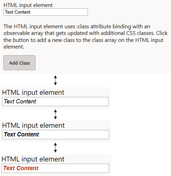 Here is the alt text for the documentation image:

A diagram illustrating how to add a new class to an HTML input element using the "Add Class" button. The image shows three HTML input elements with text content, connected by arrows, demonstrating the process of updating the class attribute with additional CSS classes.