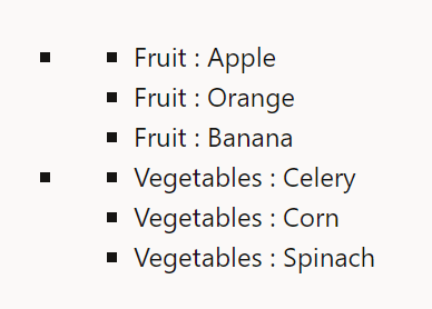 List of fruits and vegetables including Apple, Orange, Banana, Celery, Corn, and Spinach.