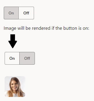 Toggle button in the "On" position with an arrow pointing to a second toggle button in the "Off" position, followed by a profile picture of a smiling woman.