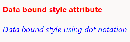 Here is the alt text for the image:

**Alt text:** 
A heading in red text reads "Data bound style attribute" followed by a subheading in blue text stating "Data bound style using dot notation".

This alt text is concise, factual, and useful for accessibility, as it accurately describes the content of the image without being overly verbose.
