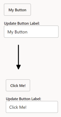 A web page interface showing two buttons with labels "My Button" and "Click Me!" and an arrow pointing to the second button, with instructions to update the button label.