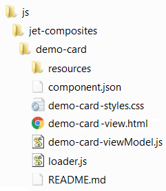 File directory listing with folders and files related to web development, including JavaScript, CSS, and HTML files for a demo card component.