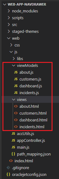 Here’s a concise and accessible alt text for the image:

"A screenshot of a web app navigation drawer showing a hierarchical list of modules and files, including scripts, staged themes, and view models, with a red box highlighting the 'viewModels' section containing JavaScript files."