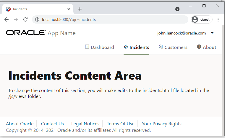 Here is the alt text for the documentation image:

"Oracle application interface showing the Incidents section with navigation tabs, user profile, and instructions for editing the incidents.html file in the js/views folder."