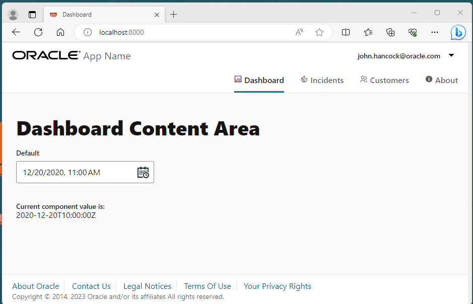 Oracle Dashboard interface showing the Dashboard Content Area with a default date and time of 12/20/2020, 11:00 AM and a current component value of 2020-12-20T10:00:00Z.