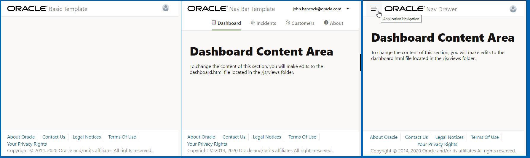 Oracle dashboard interface with three sections: Basic Template, Nav Bar Template, and Nav Drawer, showing dashboard content areas and navigation options.