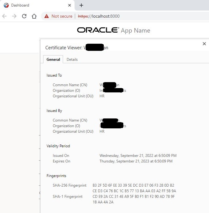 Here is the alt text for the image:

"Oracle App Name certificate viewer dashboard showing certificate details including issued to, issued by, validity period, and fingerprints."
