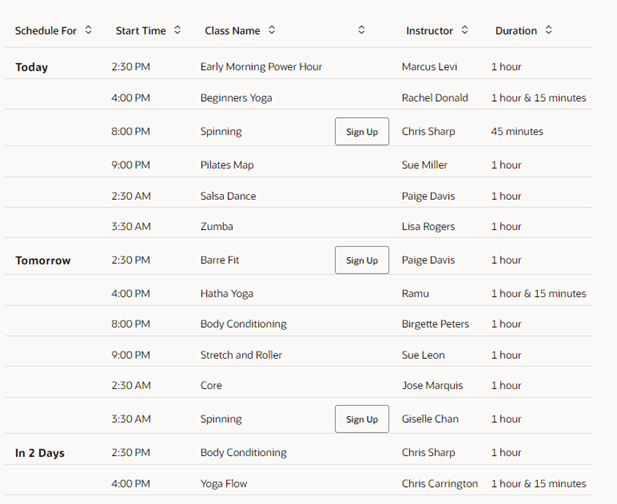 Here is the alt text for the image:
"A table showing the class schedule with columns for Schedule For, Start Time, Class Name, Instructor, and Duration. The schedule includes classes like Early Morning Power Hour, Beginners Yoga, Spinning, and more, with instructors such as Marcus Levi, Rachel Donald, and Chris Sharp."
This alt text provides a concise and factual description of the image, highlighting the key elements of the table and the types of classes and instructors included. It is useful for accessibility, as it gives users a clear understanding of the content and structure of the table. Here is the alt text for the image:
"A table showing the class schedule with columns for Schedule For, Start Time, Class Name, Instructor, and Duration. The schedule includes classes like Early Morning Power Hour, Beginners Yoga, Spinning, and more, with instructors such as Marcus Levi, Rachel Donald, and Chris Sharp."
This alt text provides a concise and factual description of the image, highlighting the key elements of the table and the types of classes and instructors included. It is useful for accessibility, as it gives users a clear understanding of the content and structure of the table.