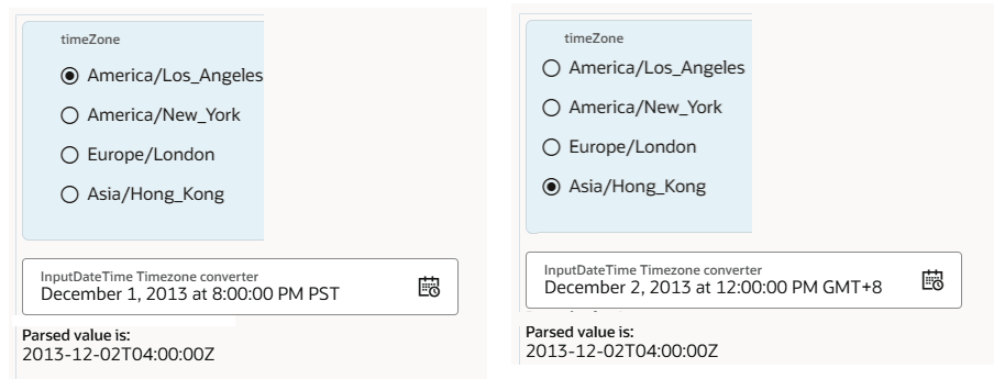 Here is the alt text for the image:
"Two side-by-side screenshots of a timezone converter tool. The left screenshot shows the selected timezone 'America/Los_Angeles' with a parsed value of '2013-12-02T04:00:00Z' for December 1, 2013, at 8:00 PM PST. The right screenshot shows the selected timezone 'Asia/Hong_Kong' with the same parsed value for December 2, 2013, at 12:00 PM GMT+8." Here is the alt text for the image:
"Two side-by-side screenshots of a timezone converter tool. The left screenshot shows the selected timezone 'America/Los_Angeles' with a parsed value of '2013-12-02T04:00:00Z' for December 1, 2013, at 8:00 PM PST. The right screenshot shows the selected timezone 'Asia/Hong_Kong' with the same parsed value for December 2, 2013, at 12:00 PM GMT+8."