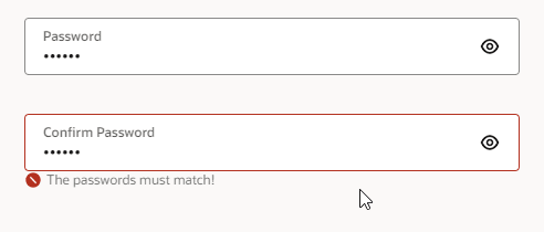 Password and Confirm Password fields with a red border and error message indicating passwords must match. Password and Confirm Password fields with a red border and error message indicating passwords must match.