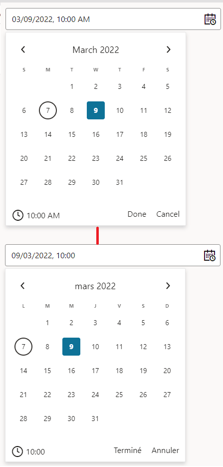 Here is the alt text for the image:

"A calendar interface displaying March 2022 with the 9th selected in blue. The top input field shows '03/09/2022, 10:00 AM' with a calendar icon. Below, a red line points to a second calendar view in French ('mars 2022') with the same date and time selected. The interface includes navigation arrows, weekday abbreviations, and buttons for 'Done', 'Cancel', and 'Annuler'."