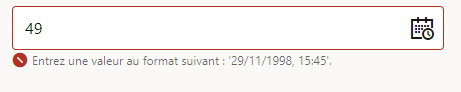 Input field with the number 49 and a calendar icon, prompting to enter a value in the format 29/11/1998, 15:45.