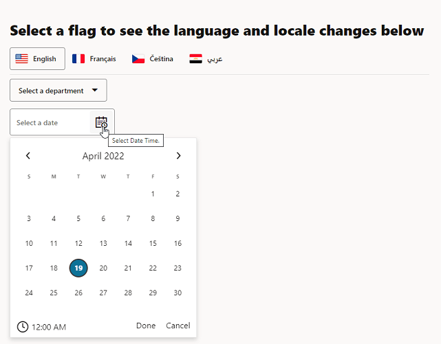 Here is the alt text for the image:

"A webpage interface showing language selection flags (English, French, Czech, Arabic) and a dropdown menu to select a department. Below is a date picker calendar for April 2022 with the 19th selected, and buttons for time selection, Done, and Cancel."