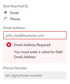 A form with fields for email and phone number, showing an error message for a required email address.