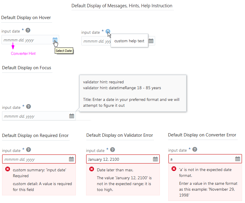 A screenshot of a web page form with date input fields, showing different error and help messages for date validation, including hints for required fields, date range validation, and format errors.