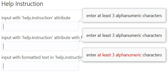 Help instruction input fields with corresponding text boxes and instructions to enter at least 3 alphanumeric characters.