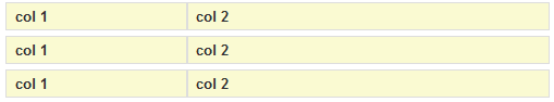 A table with three rows and two columns labeled "col 1" and "col 2" with a light yellow background and gray borders.